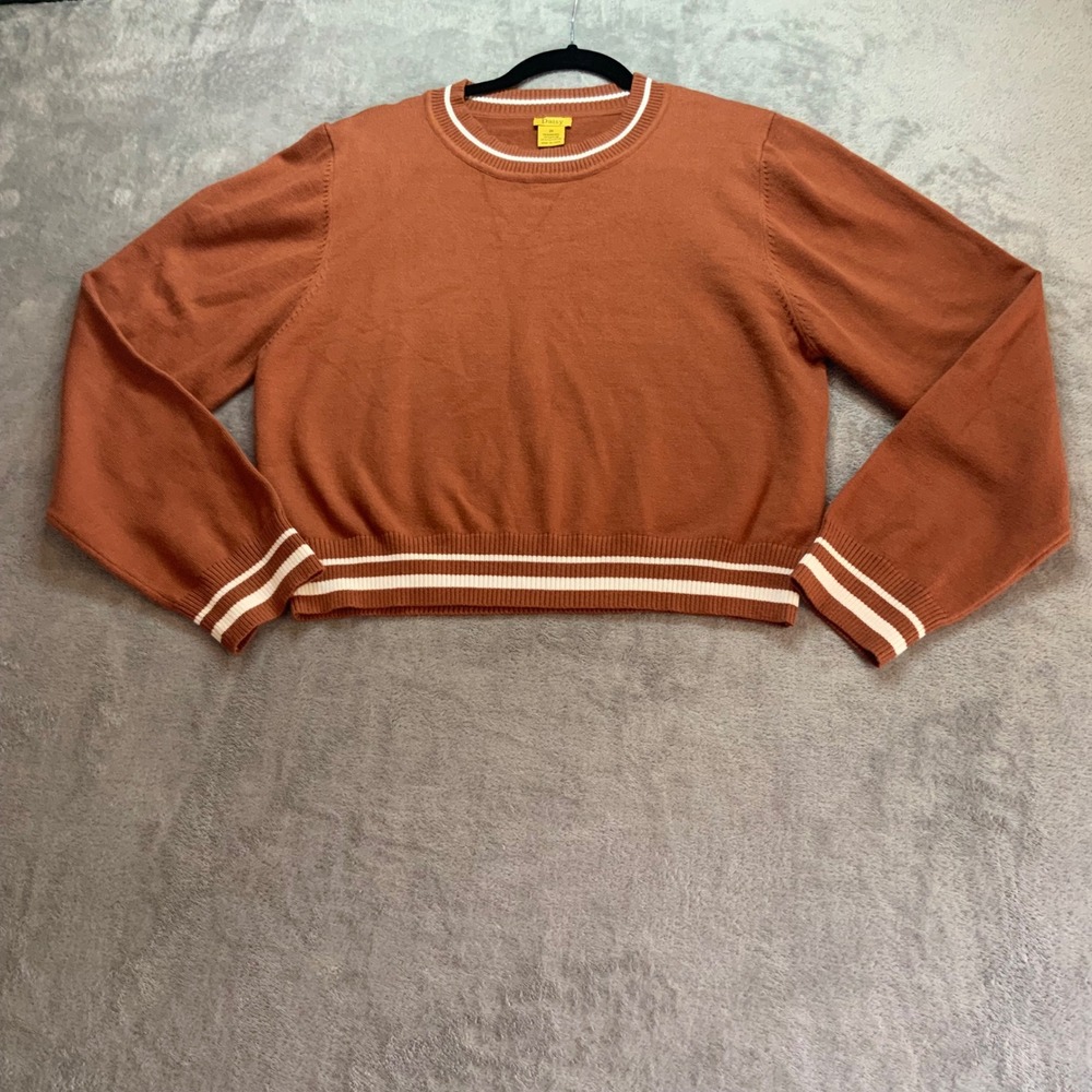 Daisy Women 2X Rust Orange Varsity Stripe Cropped Knit Sweater Pullover